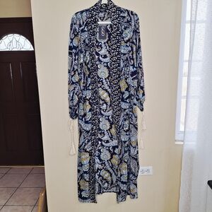 Gigio Womens Medium Boho Blue paisley Duster Kimono Cardigan Festival Flaws